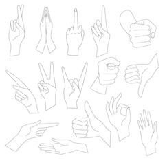 Linear Illustrations Set of universal gestures of hands. Hands in different interpretations