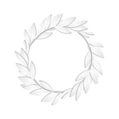 Fototapeta na wymiar Circular frame of white paper branches and leaves on white background. New Year cards background