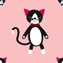 Black Cat with Ribbon on Pink Background. Cute Pattern
