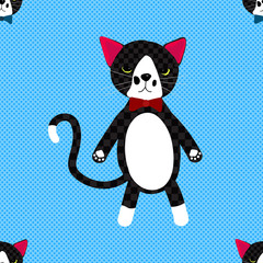 Black Cat with Ribbon on Blue Background. Cute Pattern