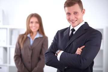 Face of beautiful businessman on the background of business people