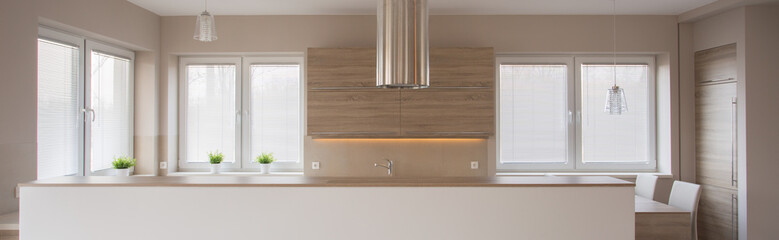 Panorama of beauty beige kitchen