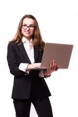 Fototapeta premium Businesswoman use of laptop computer. Isolated on white background.
