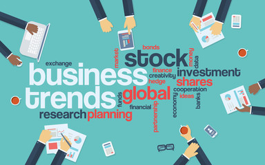 Business trends flat design infographics with word cloud. Global data analysis and research presentation