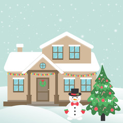 christmas house and fir-tree and snowman