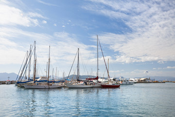Fototapeta na wymiar View of sail boats in the harbour of Aegina island, Greece