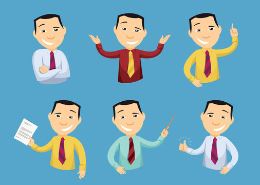 Set of funny caricatures businessman in various poses. Collection of various gestures. Manager. Approval document. Creativity. Staff training. Cartoon simple vector illustration.