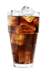 Cold cola soda drink with ice cubes in glass