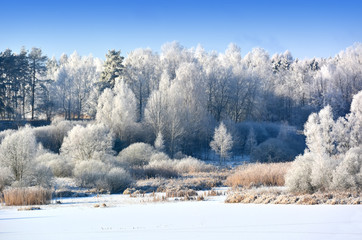 Winter landscape with frozen lake