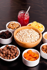 oat flakes and various delicious ingredients for breakfast