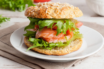 breakfast - burger with smoked salmon, vegetables