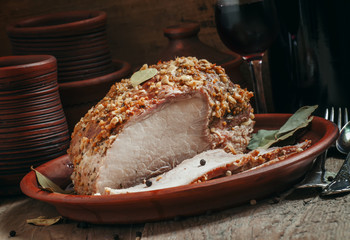Cooked smoked pork with spices and red wine, Still Life, selecti