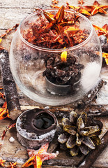 Retro Christmas decoration.Old fashioned Christmas decoration on wooden background stylish.