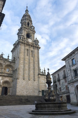 Fototapeta na wymiar Bell and clock tower of Santiago de Compostela church