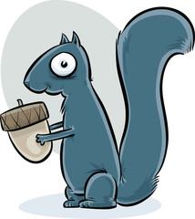 A happy cartoon squirrel holding an acorn as it gets ready for fall hibernation.