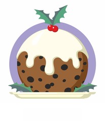 Traditional Christmas Pudding with Holly on Plate Cartoon