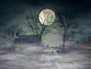 Spooky scene of haunted house and moon - 97048863