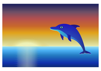 Dolphin over sea at sunset sky background.