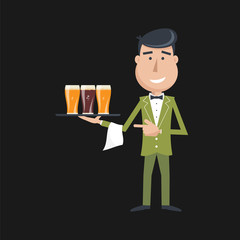 Waiter with three glasses of beer and tray on outstretched arm. Invitation to have a beer. Foods Service . Simple flat vector.EPS 10.