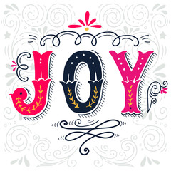 Joy. Merry Christmas retro poster with hand lettering and decora