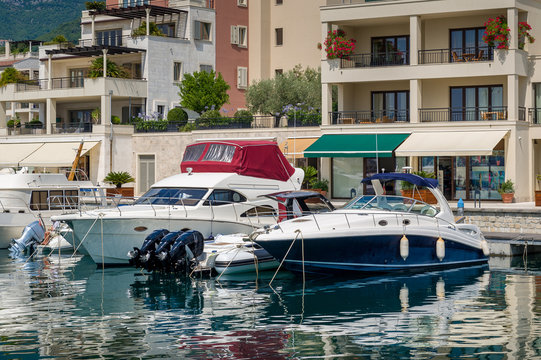 Recretional Fleet Motor Boats At Tivat Town Colorful View