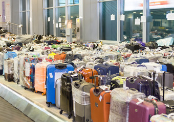 A lot of tourist`s bags in Domodedovo airport Moacow Russia