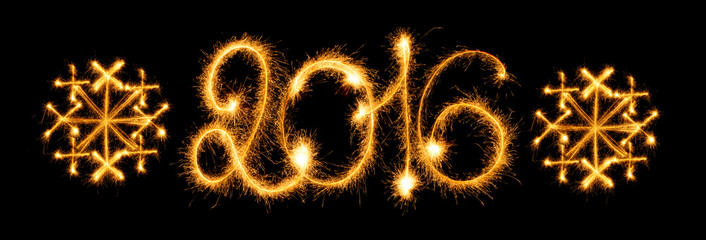 Happy New Year - 2016 with snowflakes made by sparklers on black
