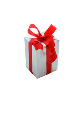 Single silver gift box with red ribbon isolated on white backgro