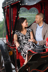 Obraz na płótnie Canvas Couple sat in horse drawn carriage