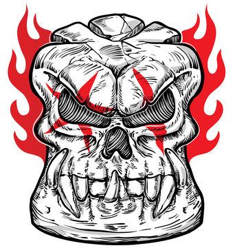 skull sketch design on white  background with flame