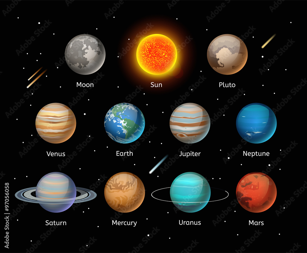 Wall mural planets colorful vector set on dark background