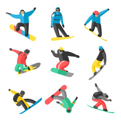 Snowboarder jump in different pose on white background