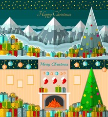#97056272 - gift-boxes on snow with winter mountains trees background and gift-boxes near fireplace two new year backgrounds cards