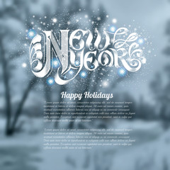 winter landscape background snowy forest with new year shiny lettering