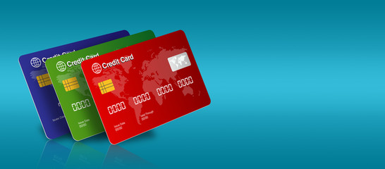Credit Cards with reflection banner template on blue background