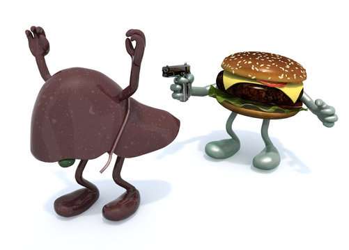 hamburger with arms wielding gun to the human liver