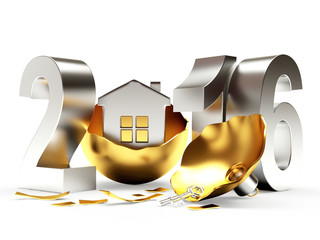 Silver 2016 New Year and broken golden Christmas ball with house isolated on white background 
