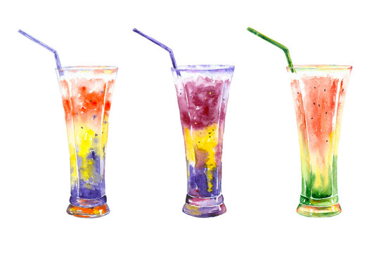 Watercolor juice cocktails in glasses
