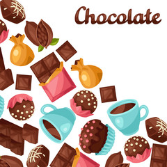 Chocolate background with various tasty sweets and candies