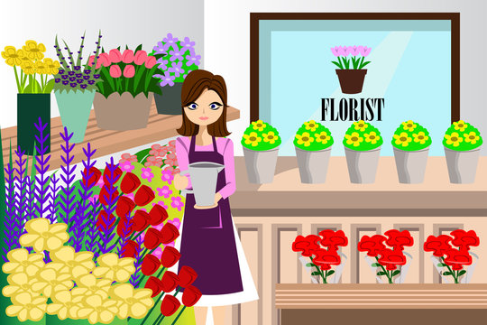 Florist Working with Bunch of Different flowers