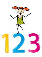Nachhilfe, Schulkind mit drei Zahlen - Rechnen lernen in der Schule - eins, zwei, drei - bunte Ziffern