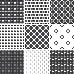 Set of monochrome geometric seamless universal patterns, tiling.