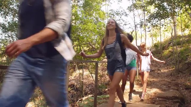 Group of friends crossing a small bridge in a forest