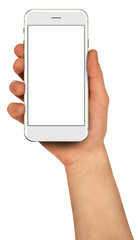 Man holding smartphone with blank screen. Template, mockup.