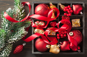 christmas gift and decoration in wooden box