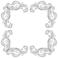 Vintage baroque frame scroll ornament engraving border floral retro pattern antique style acanthus foliage swirl decorative design element filigree calligraphy vector