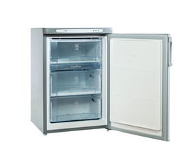 studio shot small stainless steel refrigerator isolated on white