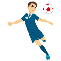 Illustration of an active male professional soccer player kicking ball