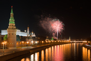 Fototapeta na wymiar Festive fireworks over the Moscow Kremlin, Russia