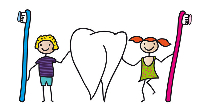 Gesundheit - Zahnpflege bei Kindern, Junge und M&auml;dchen mit Zahnb&uuml;rsten und Zahn, Z&auml;hne putzen